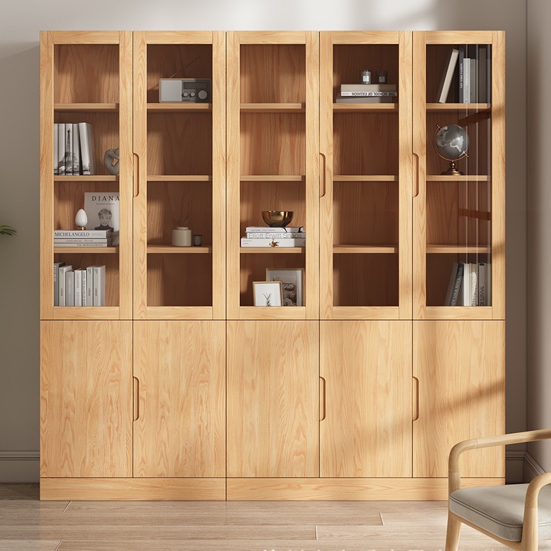 Customized Solid Wood Bookcase with Glass Door Household Kidsren's Bookcase Bookshelf Pine Storage Cabinet Display Cabinet Multi-Function Cabinet