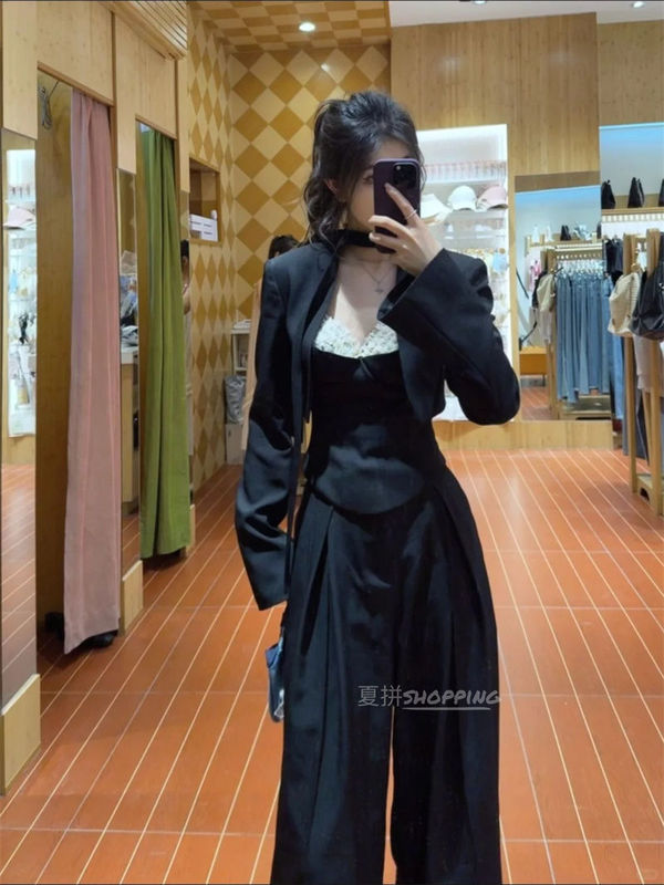 气质御姐风短款长袖西装外套叠穿拼接吊带背心女高腰阔腿裤三件套|undefined
