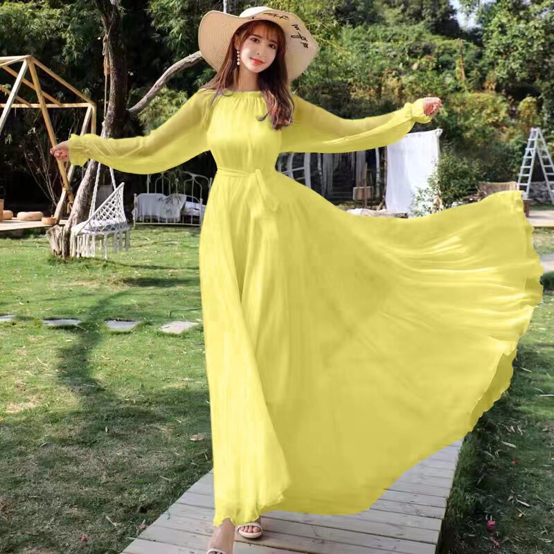2026 Beach Dress Chiffon Ultra-Long Fairy Dress with Large Hem Spring and Summer Dress Long-Sleeve Loose Tie Large Size Dress