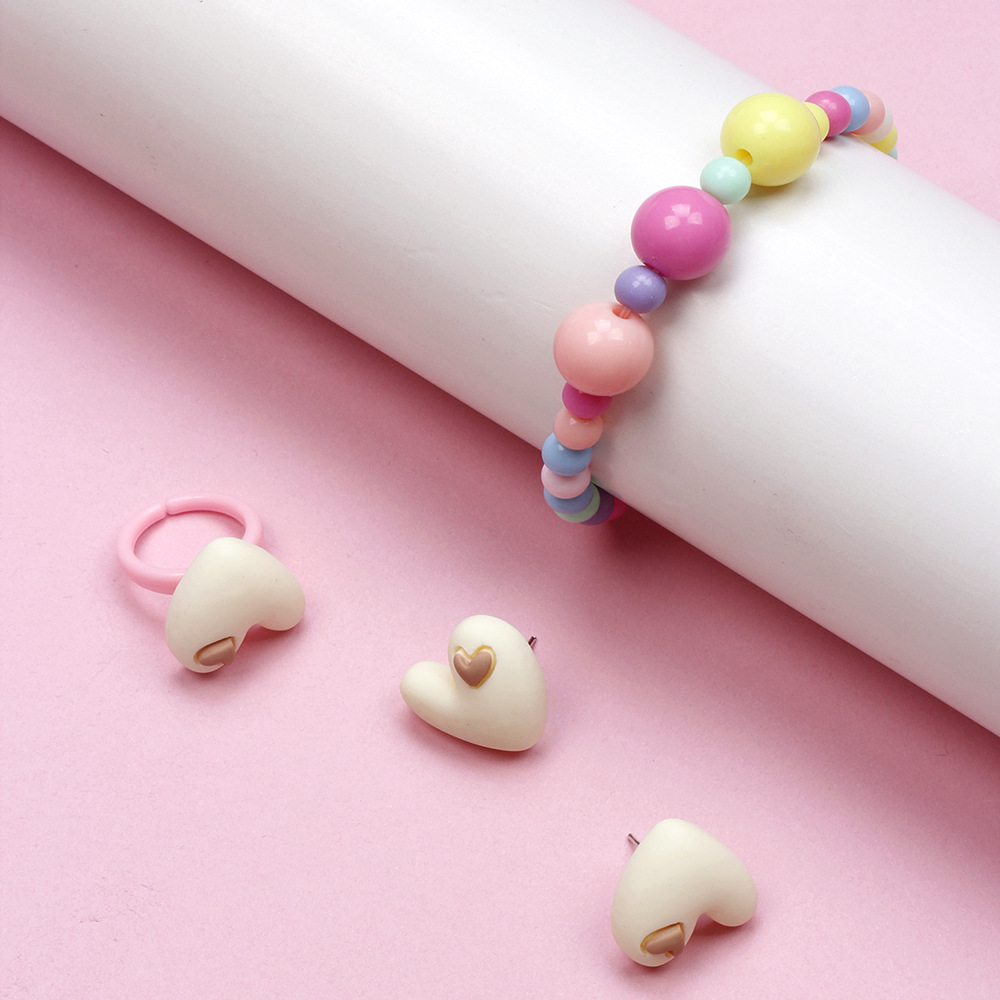 Cute Heart Shape Resin Beaded No Inlaid Rings Bracelets Earrings 3 Piece Set