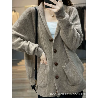 秋冬重磅100%纯羊毛开衫女v领麻花加厚羊绒毛衣宽松慵懒针织外套