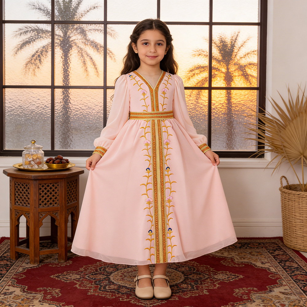 Amazon nuevo vestido infantil transfronterizo vestido vestido vestido de niñas elegantes flores de chiffon bordadas mangas largas vestido de princesa