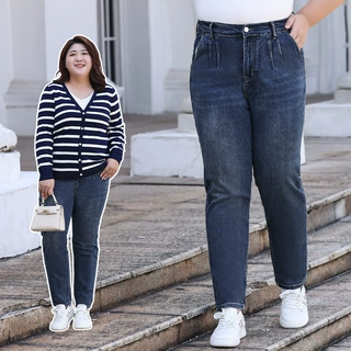 牛仔裤女胖mm秋季新款高腰显瘦老爹裤秋季加绒松紧腰大码女裤子