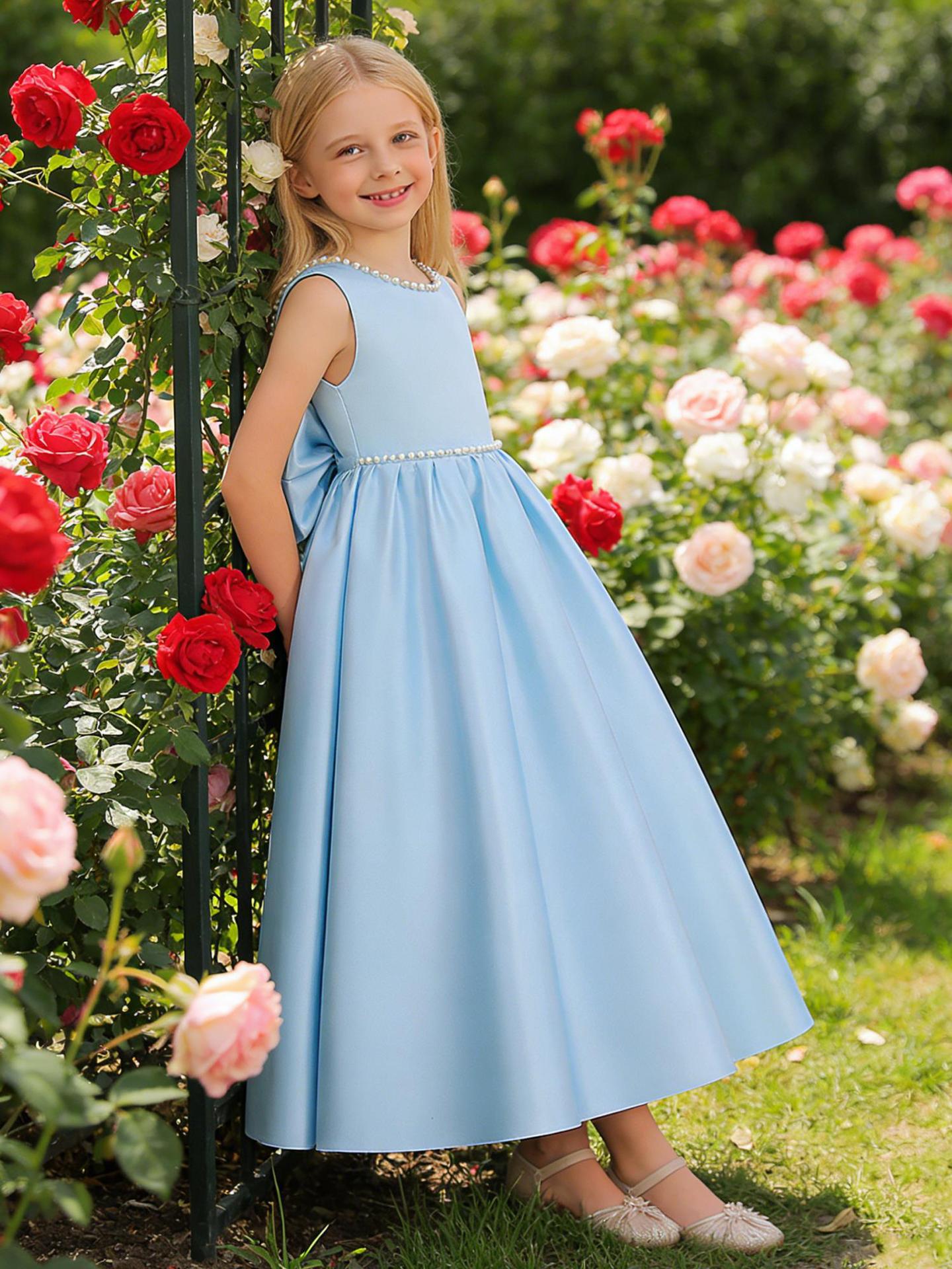 Nuevo vestido de niñas de niños grandes detrás de cuellos de clavos de arco en V falda de princesa Pong para niños desfile vestido de boda