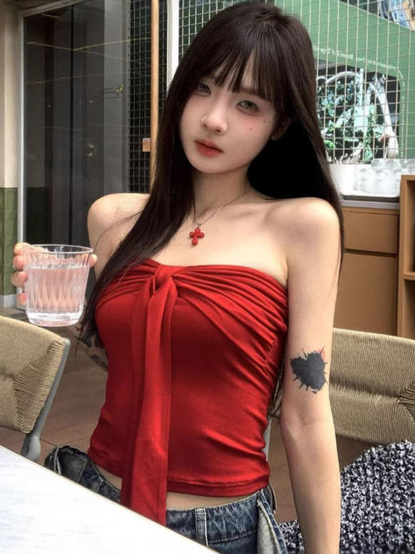 Summer Ins Pure Sexy Bow Lace-up Strapless Top Women's Summer Slim-fit Slimming Base-on Chest Wrap Top