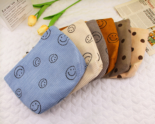 Large smiley corduroy cosmetic bag retro polka dot storage toiletry clutch bag key mobile phone wallet pen bag