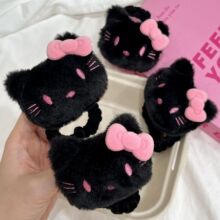 黑粉配色毛绒猫咪发圈发绳发饰甜美可爱卡通粉色蝴蝶结