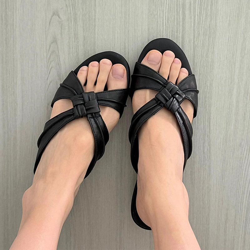 现货~夏季新款row风外穿交叉编织低跟凉拖鞋女露趾真皮平底凉拖|undefined
