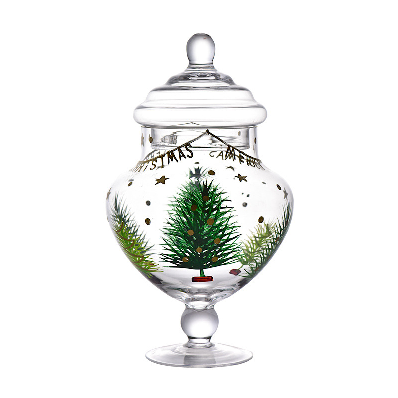 Piés altos transparentes pintados a mano serie de Navidad con tapa frasco de vidrio pintado a mano decoración de Navidad solitaria