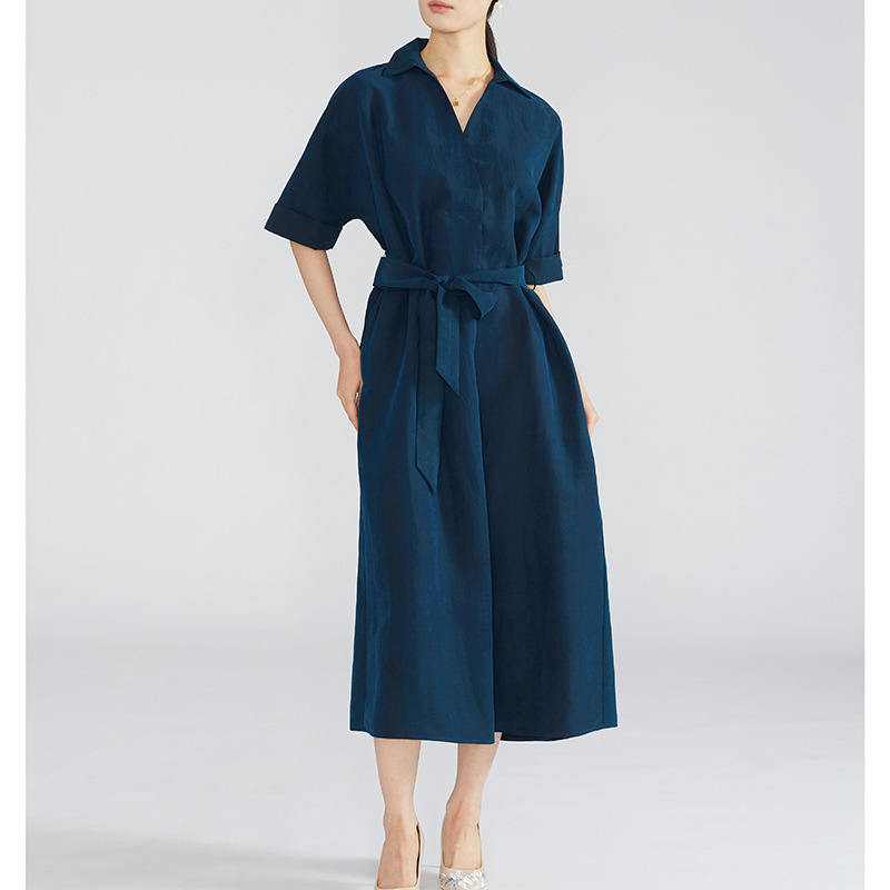 Xiangyun yarn temperament blue turtle! V-Neck Silk Shirt dress With Pocket Wide Belt Summer Xiangyun yarn temperament blue turtle! V-Neck Silk Shirt dress With Pocket Wide Belt Summer