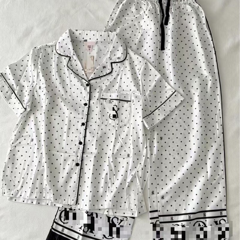 Water-Gloss White Polka Dot Short-Sleeved Long Pants Pajamas for Women That Can Be Worn Outside the Home, New Style 26
