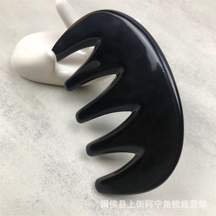 Water Buffalo Horn Five-Tooth Comb Massage Comb for Scalp Gua Sha Therapy 0.7cm+ Thick Black 9.5cm overview