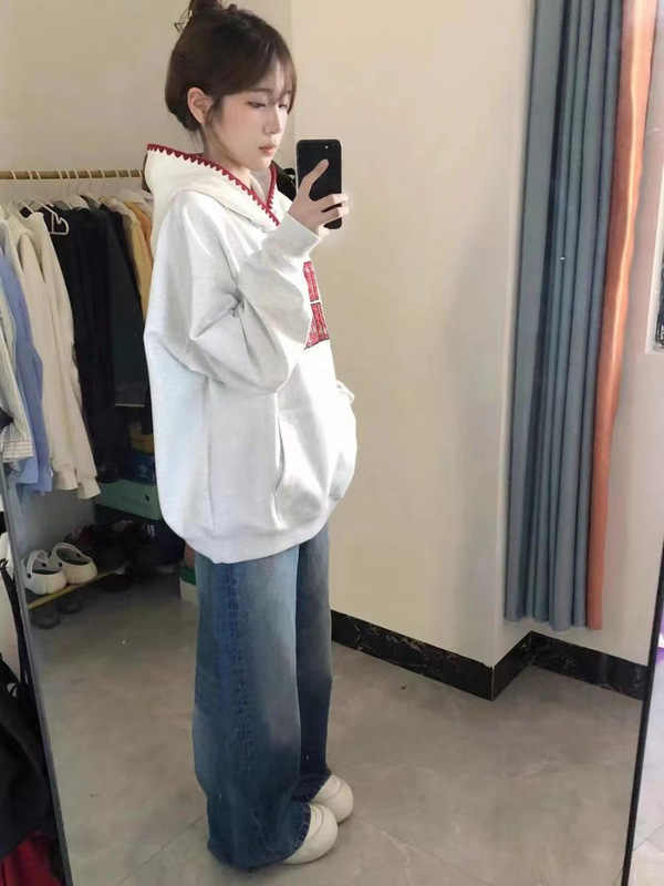 花灰色连帽套头字母卫衣女春秋宽松oversize学院风休闲百搭外套潮|undefined