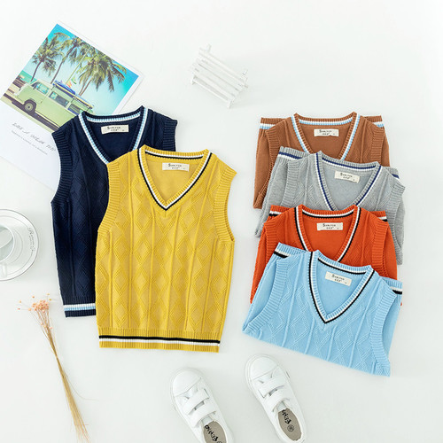 Children's Knit Vest Spring and Autumn Season Unisex College Style Wool Cardigan for Kids School Uniform Compatible