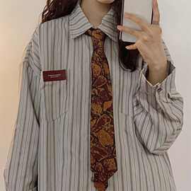 美式复古宽松百搭设计感小众长袖条纹衬衫女内搭叠穿领带衬衣春秋