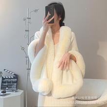 秋冬新款温柔气质毛呢斗篷披肩纯色仿獭兔毛女式大码针织开衫外套
