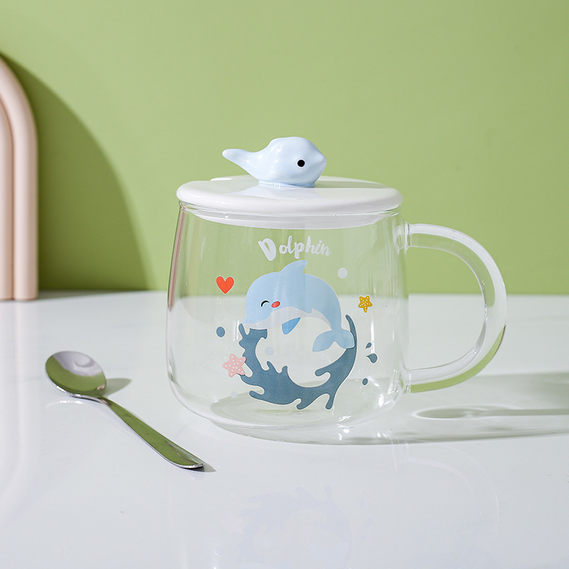 Taza de vidrio resistente al calor taza nórdica oficina en casa pareja delfín taza de agua taza de café de leche con tapa cuchara