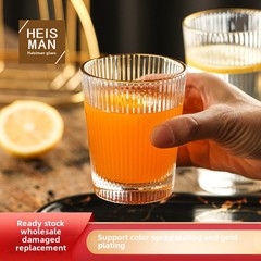 Factory-wholesale vertical-rib glass water cups, Instagram-worthy striped juice glasses for home use, with intricate rim design—perfect for coffee too!