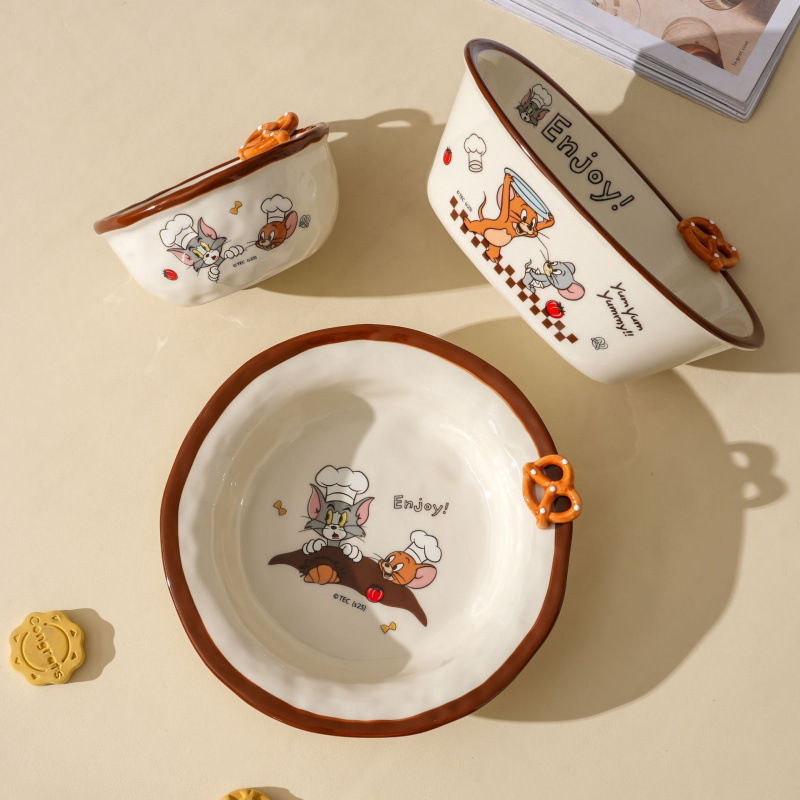 Gatos y ratones cuencos de cerámica auténticos autorizados cubiertos domésticos lindos dibujos animados corazón de una niña para comer cuencos de comida disco de comida
