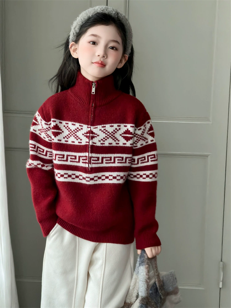 Девочки, корейский стиль Fair Isle ретро жаккардовый свитер 2025 зимний новый стиль, стойка, молния, топ-свитер, новогодняя одежда