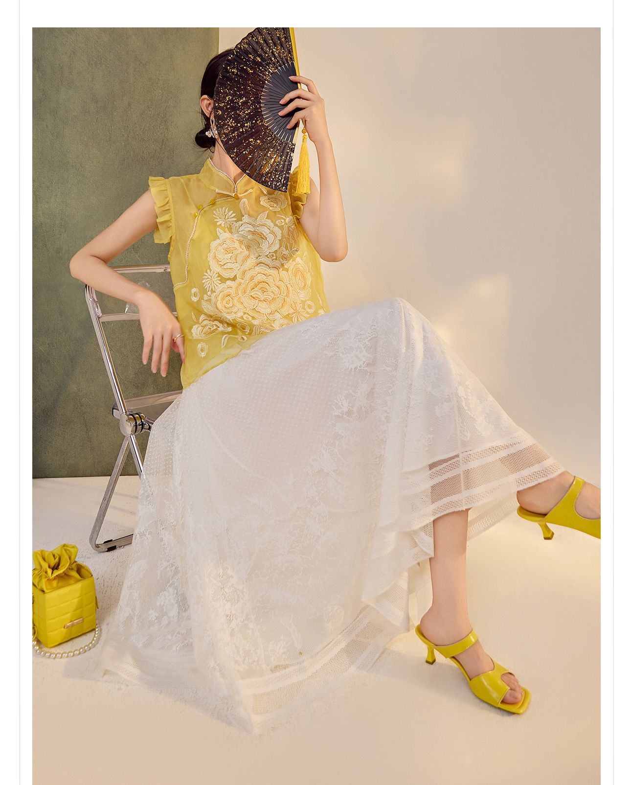 Áo vest gile nữ lụa tằm ren hoa cổ đứng cài nút kiểu Trung Hoa mùa hè N4012 — Màu vàng sữa chi tiết 7
