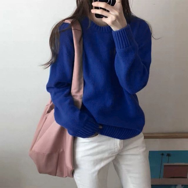 秋冬新款克莱因蓝色软糯毛衣女加厚宽松套头慵懒风打底针织衫外穿|undefined