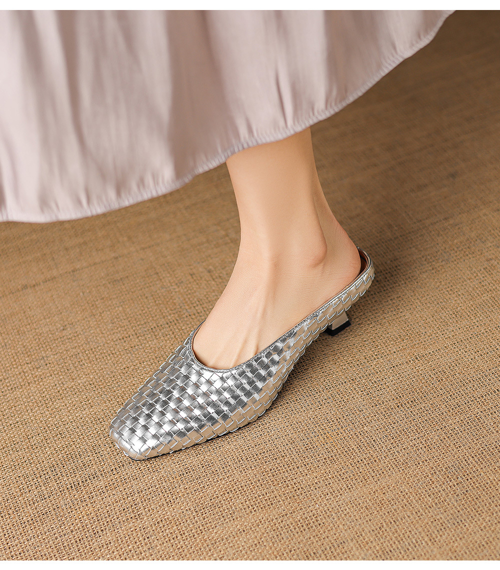 Sandal nữ mũi nhọn dệt vàng, gót 5 cm, phong cách thời trang — màu vàng chi tiết 14
