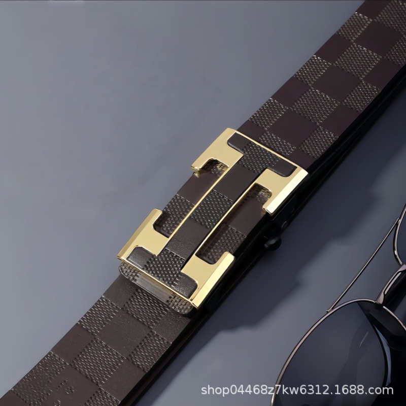 New Men's Leather Belt Business Waist Belt Checkered Pattern Toothless Automatic Buckle Casual Versatile Waist Belt