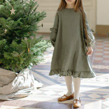 森系苎麻荷叶边长裙女童可爱纯色圆领连衣裙秋季天丝麻裙子女宝宝