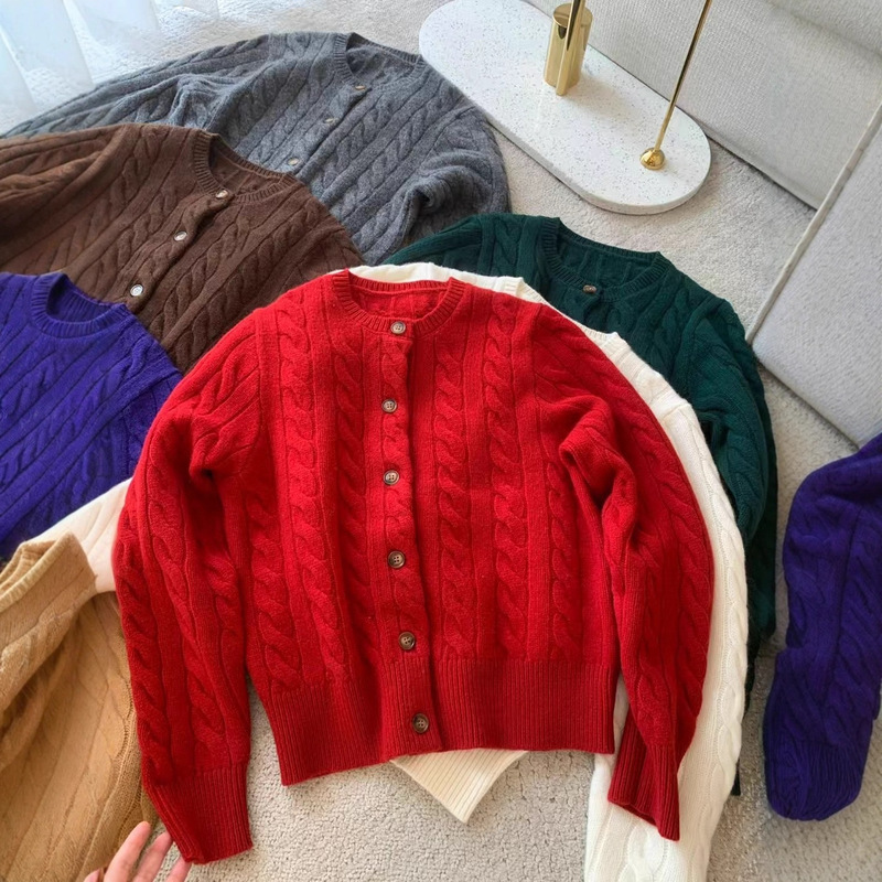 Rl2025 Autumn and Winter Thick Wool Knitted Cardigan Jacket Women's Round Neck Twist Pony Embroidered Sweater Jacket