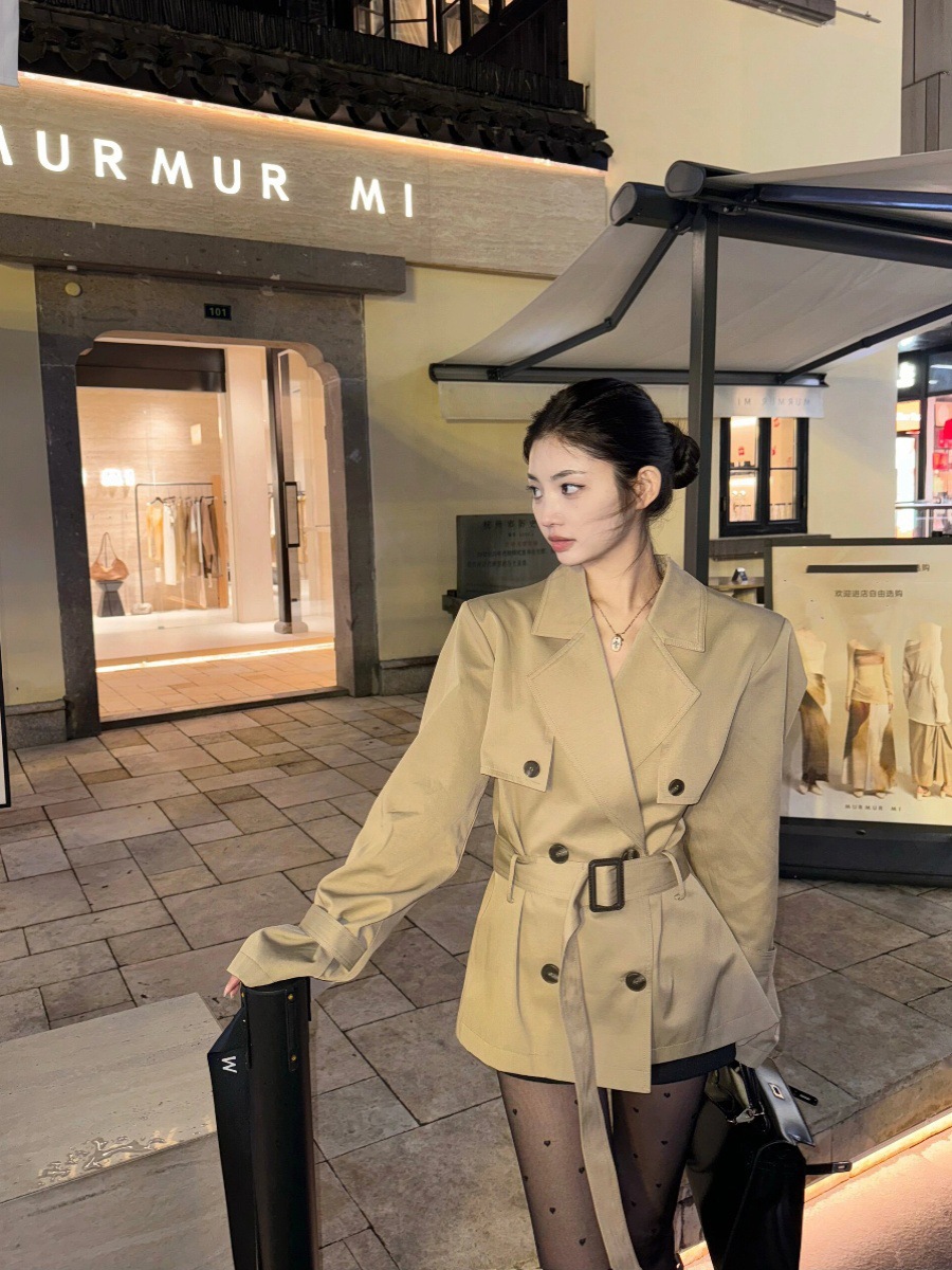 Women's Khaki Trench Coat Autumn New Fashion British Style Petite Waist-Cinching Short Coat Trendy