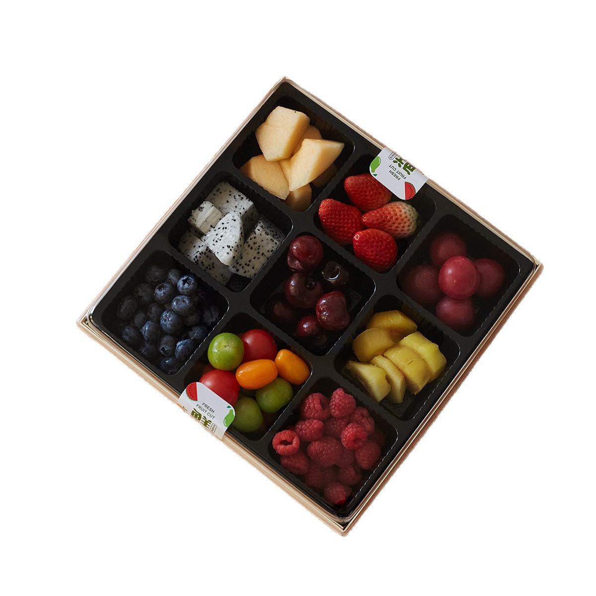 Caja de frutas cortadas de madera de Jiugongge, caja de frutas transparentes desechable, caja de conservación de frutas, caja de embalaje de grado alimenticio