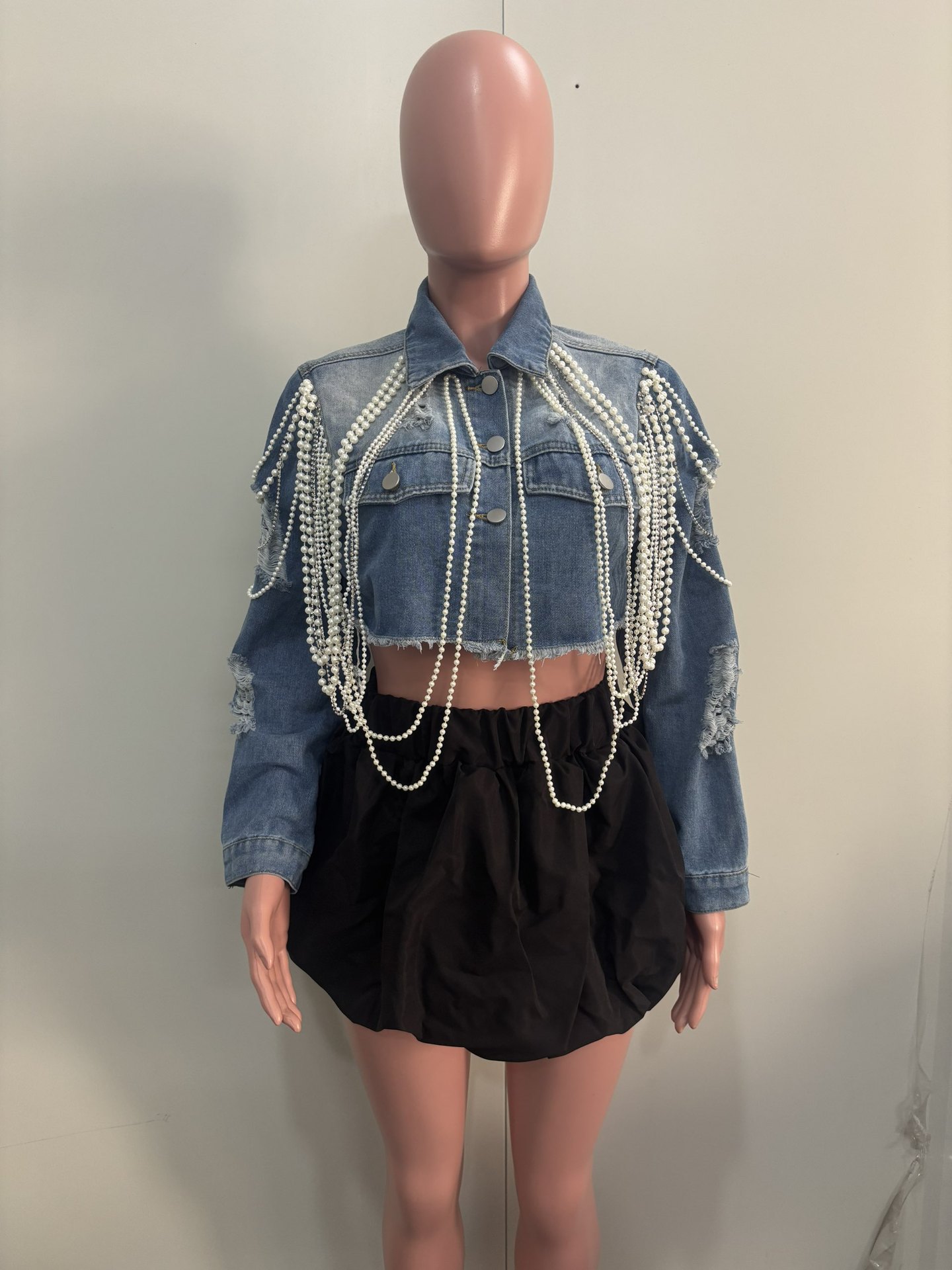 Women's Denim Jacket With Pearl Embellishments Vintage Style_voghion.com