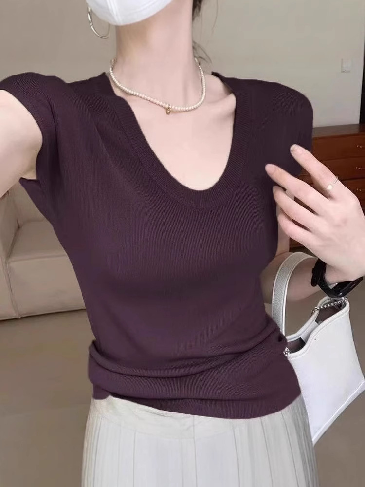 阿诗蜜软糯薄款U领短袖冰丝针织衫T恤女修身半袖打底衫上衣女