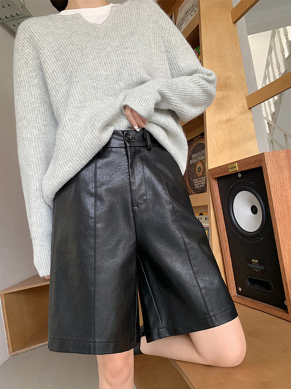 皮短裤女2025秋冬pu洗水皮裤高腰阔腿五分裤宽松显瘦靴裤直筒中裤|undefined