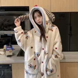 可爱连帽珊瑚绒睡衣女冬季睡袍2025新款加绒加厚腊肠狗家居服秋冬