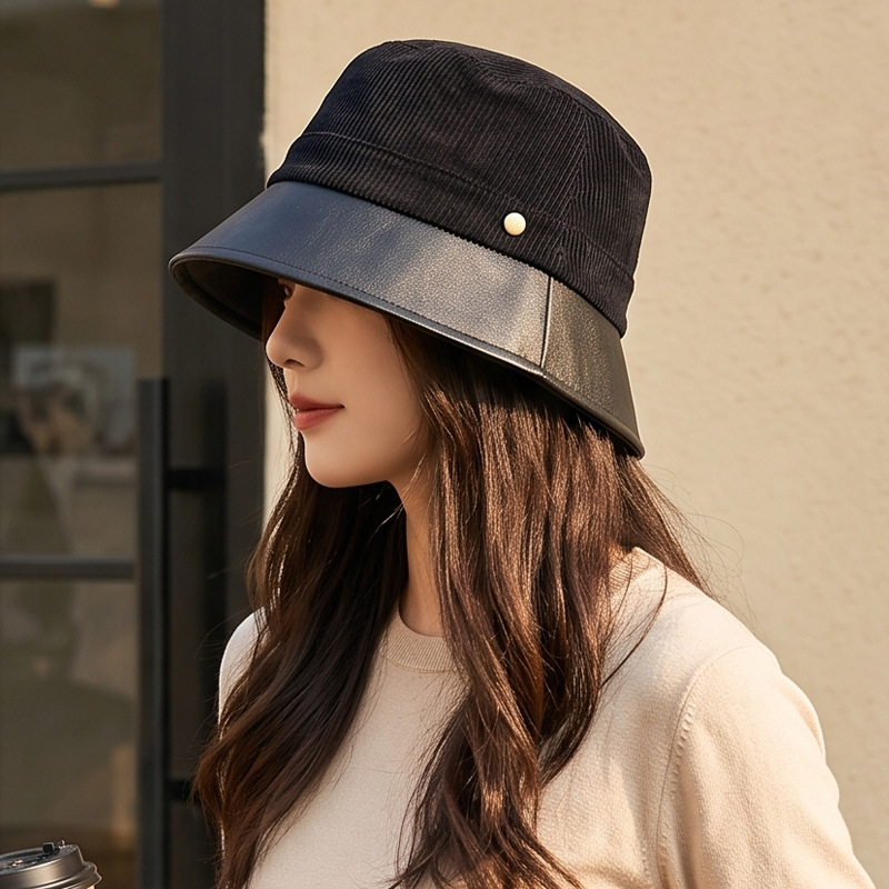New minimalist retro leather patchwork bucket hat, perfect for autumn and winter, makes your face look smaller, versatile and stylish, suitable for everyday wear