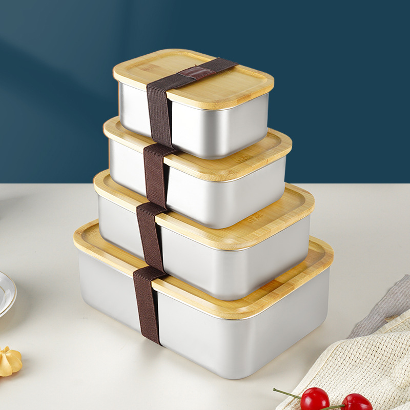 Caja de almuerzo japonesa lonchera portátil al aire libre con tapa Caja de almuerzo de madera de bambú de acero inoxidable 304 lonchera de una sola capa