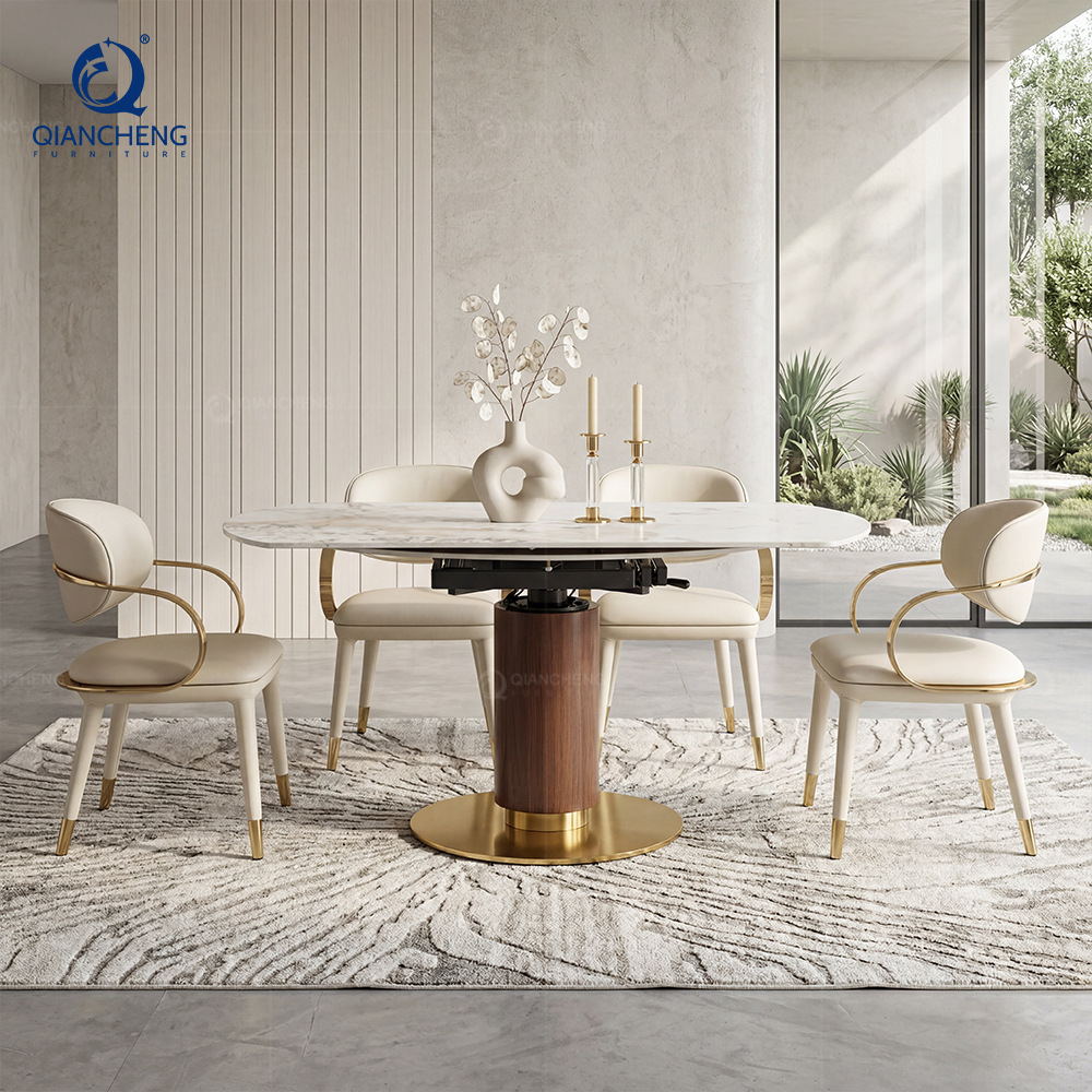 Mesa de Comedor Giratoria Extensible de Piedra Sinterizada y Acero Inoxidable para Comedor