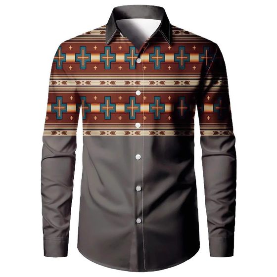 Factory Cross-border Simple Men's Long-sleeved Shirt Retro Ethnic Stripe Spring and Autumn 3D Digital Printed Top