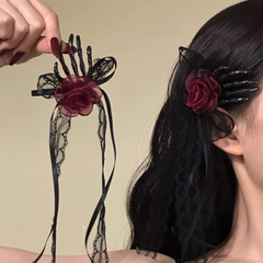 【反派小恶魔】暗黑系骷颅手花朵发夹蝴蝶结蕾丝侧边夹万圣节发饰