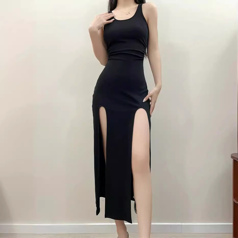 Hot Girl Design Double Split Exposed Leg Vest dress Women's Summer 2024 Stretch Slim Fit U-neck Bag Hip Long Dress Trendy Hot Girl Design Double Split Exposed Leg Vest dress Women's Summer 2024 Stretch Slim Fit U-neck Bag Hip Long Dress Trendy