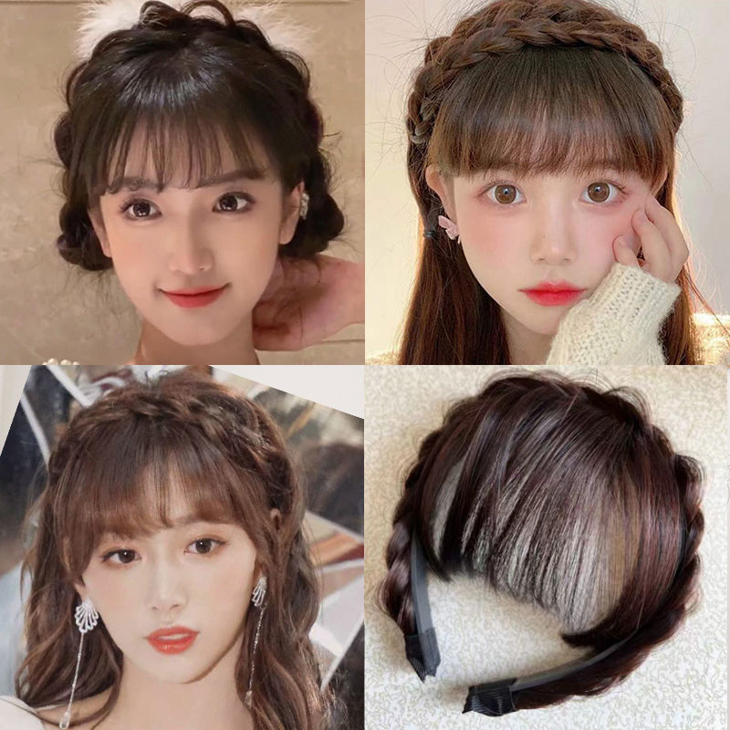 Tiktok mismo estilo trenza diadema flequillo un pelo real frente cortina patillas cubierta pelo blanco flequillo roto peluca pieza