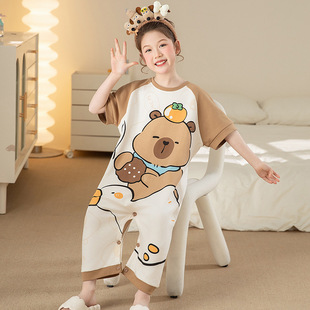 Summer Pure Cotton Kidsren's Pajamas for Girls, Thin Anti-Kick Quilt, Little Girls, Middle and Large Kidsren's Cartoon Jumpsuits, Home Clothes 2