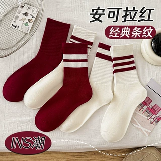 红色袜子女秋冬中筒袜女士冬季百搭双杠条纹学院风诸暨女袜批发