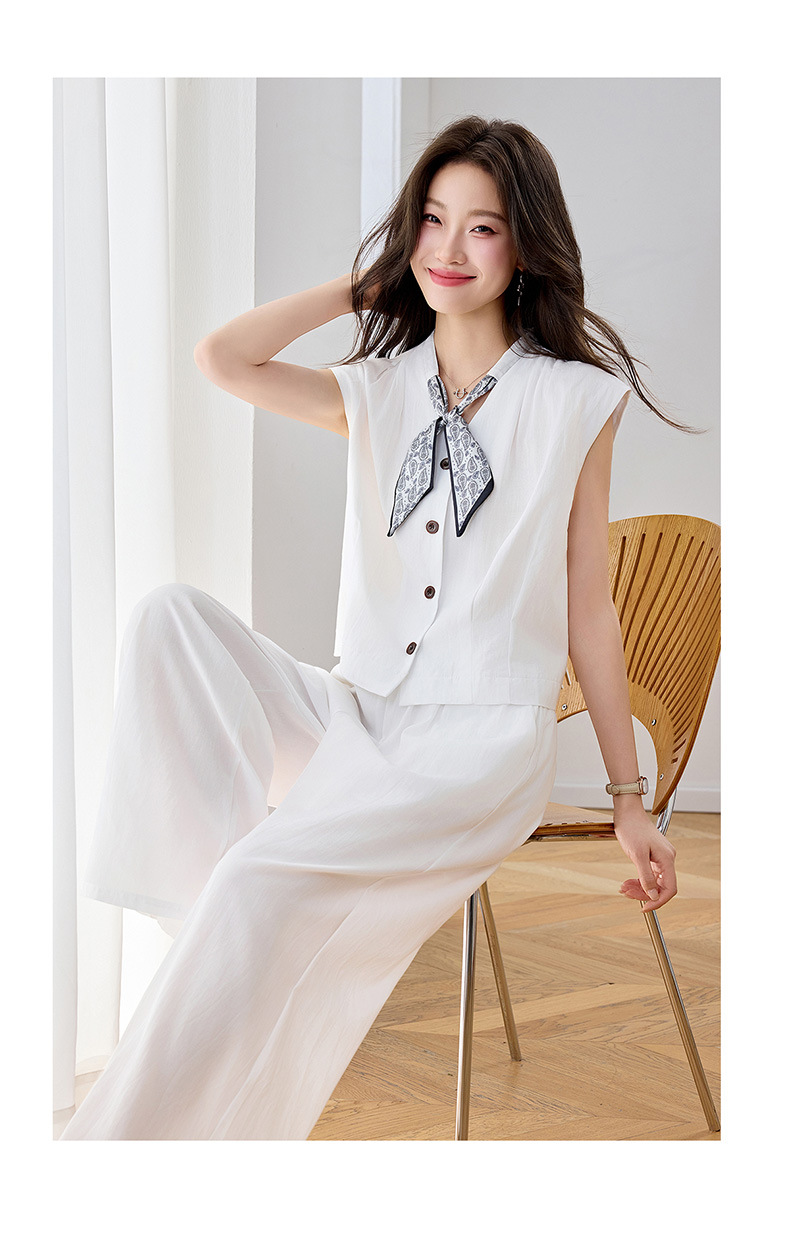 Bộ quần áo hai mảnh mùa hè 2026 gồm áo phối quần ống rộng cao cấp YB2636 — Xanh lông mòng đen, màu trắng chi tiết 20