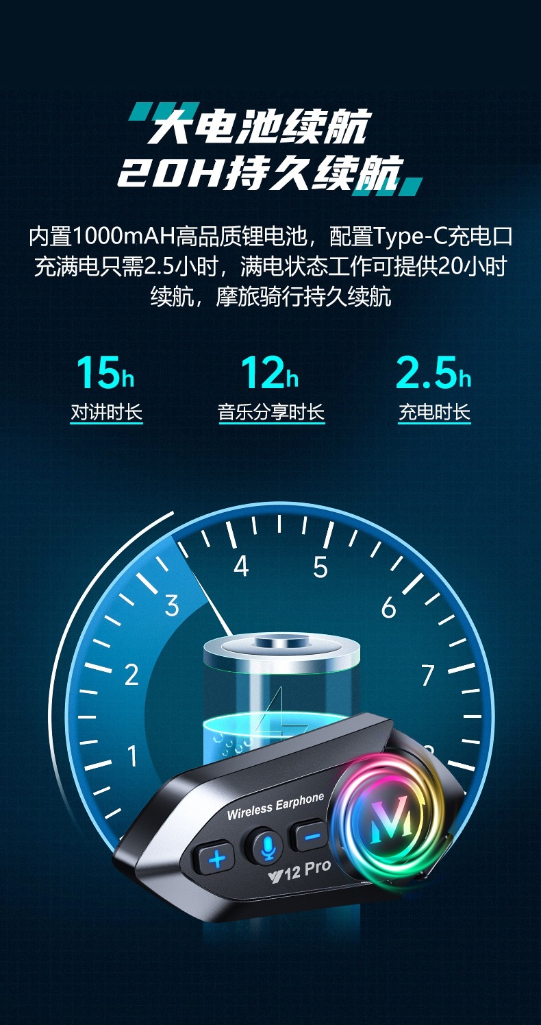 Cross-Border Hot-Selling Y12Pro Helmet Bluetooth Headset Waterproof Mobile Phone Noise Reduction Motorcycle Three-Party Long-Distance Intercom