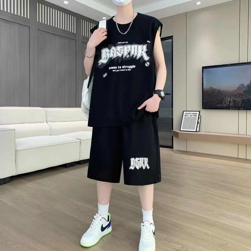 Summer Ice Silk Loose Casual Sports suit Teenager Students Sleeveless Vest Five-point Pants Two-piece Set with Fashion