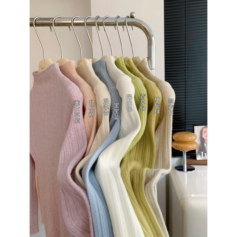 Schnei 2025 New Vanilla Green Knitwear Vertical Pit Half Turtleneck Versatile Cream Core-Spun Yarn Knitwear