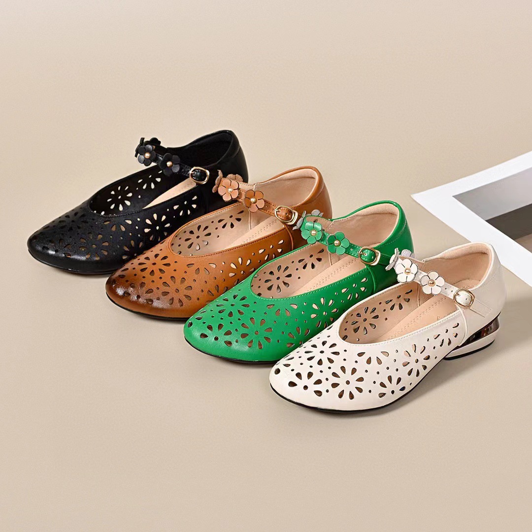 Sandal nữ da thật mũi tròn gót vuông quai ngang phong cách retro — đen chi tiết 4